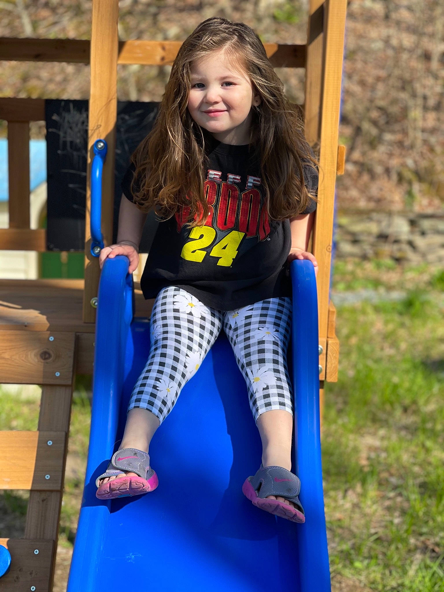 Kynzleigh is registered to the contest to win money with this photo: blue, child, city, denim, electric_blue, fun, hair, happy, human_leg, joy, knee, leisure, outdoor_play_equipment, person, playground, recreation, sock, sportswear, t_shirt, thigh