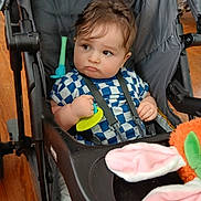 Theo is registered to the contest to win money with this photo: baby, blue_shirt, bunny_ears, checkered_pattern, child, comfort, cute, expression, face, furniture, hand, indoor, infant, person, plush, seatbelt, sitting, stroller, toy, wooden_floor