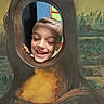 Theodore is registered to the contest to win money with this photo: child, smiling, face_cutout, mona_lisa, painting, artwork, portrait, museum, exhibit, playful, happy, boy, head, background, wall, indoor, colorful, expression, humor, fun