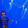 child, boy, headphones, striped_shirt, shorts, jellyfish, aquarium, blue_background, marine_life, underwater, glowing, tentacles, standing, curious, indoor, exhibit, marine_animals, young, casual_clothing, display