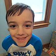 Theodore is registered to the contest to win money with this photo: child, boy, smiling, indoor, window, blue_shirt, wooden_trim, floor, book, toy_gate, happy, face, portrait, casual_clothing, home, young, person, light, brown_hair, playroom