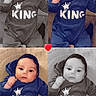 baby, big_eyes, blanket, blue_outfit, carpet, child, chubby_cheeks, close_up, collage, color_photo, fist, four_panel, heart_sticker, hoodie, infant, king_text, lying_down, monochrome_filter, portrait, smile
