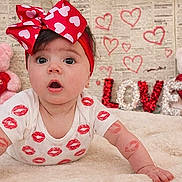 Alessia joined the competition — help win amazing prizes! baby, infant, headband, bow, onesie, lipstick_kiss, kisses_pattern, crawling, surprised_expression, teddy_bear, plush_toy, valentine, hearts_background, love_sign, cozy_blanket, portrait, indoor, soft_texture, cute, rosy_cheeks
