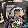 baby, blue_bib, blue_sock, car_interior, car_seat, child, cute, fabric, head_support, infant, person, plush_toy, raccoon, seat, seat_belt, sitting, sunlight, toy, window, young_child
