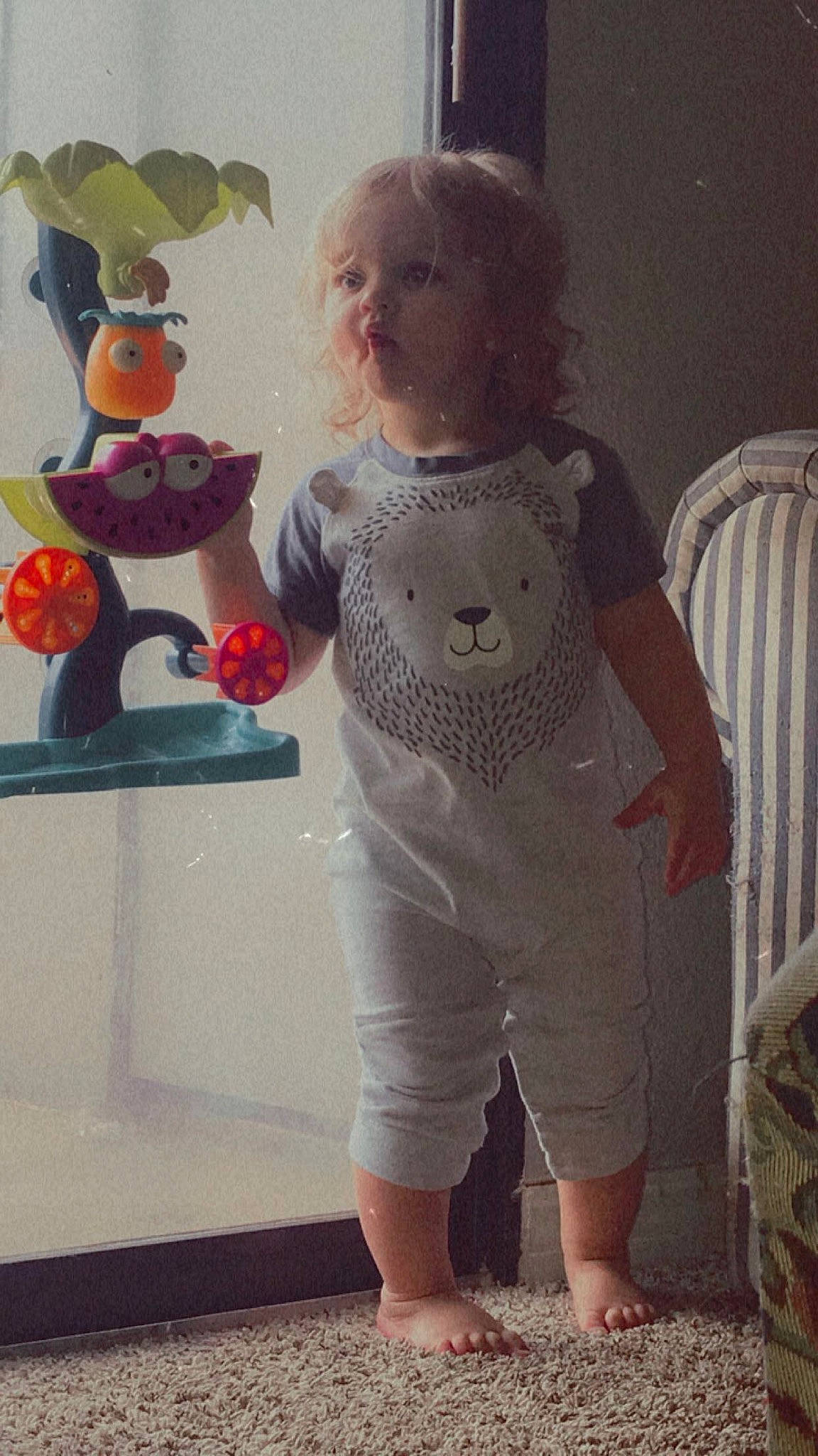 Brently joined the competition — help win amazing prizes! baby, baby_toddler_clothing, child, fawn, overall, pattern, person, standing, toddler, toy