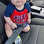 baby, child, car_seat, seatbelt, water_bottle, blue_eyes, red_shirt, shorts, car_interior, seat, sitting, clothing, person, infant, cute, portrait, vehicle, safety, expression, indoors