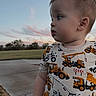 Ace joined the competition — help win amazing prizes! toddler, child, boy, outdoor, sunset, sky, grass, sidewalk, short_sleeve, patterned_clothing, construction_vehicles, curious, portrait, young_child, casual, daylight, nature, cute, standing, profile