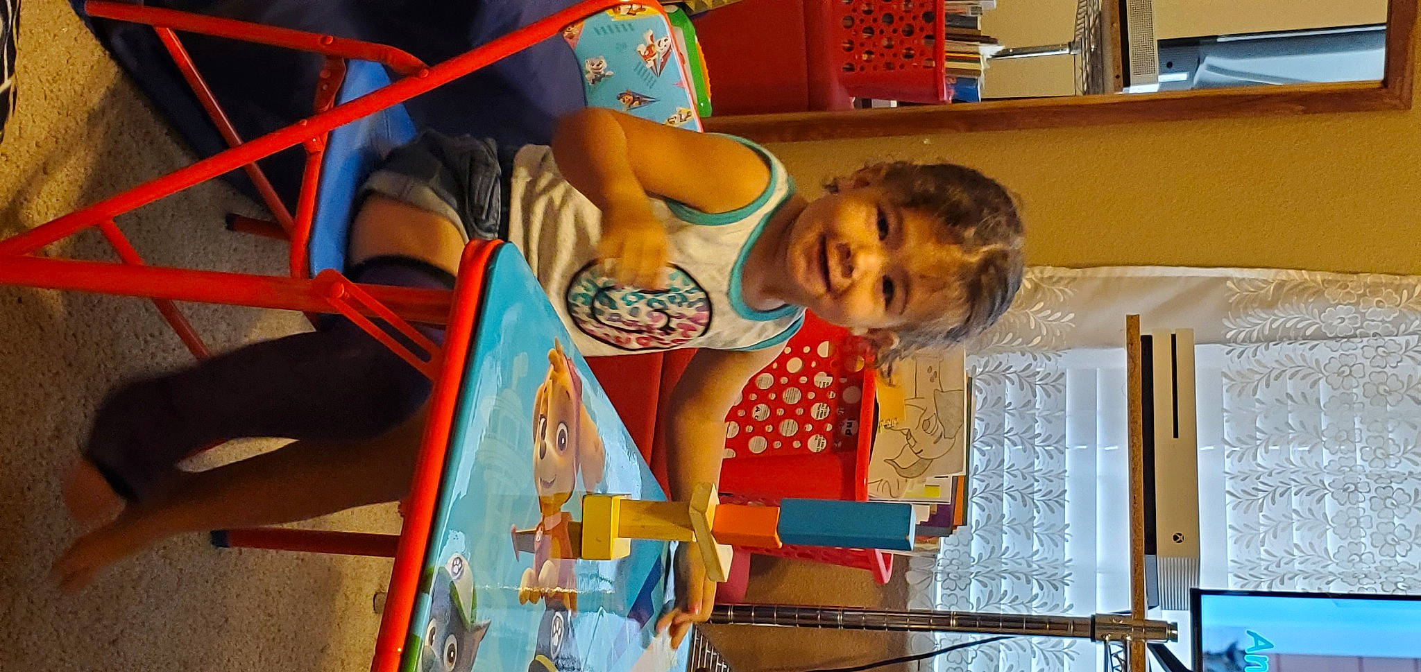 Gabby joined the competition — help win amazing prizes! bookcase, child, city, engineering, fun, happy, joy, leisure, outdoor_play_equipment, person, play, playground, recreation, room, shelf, shorts, smile, t_shirt, toddler, vacation