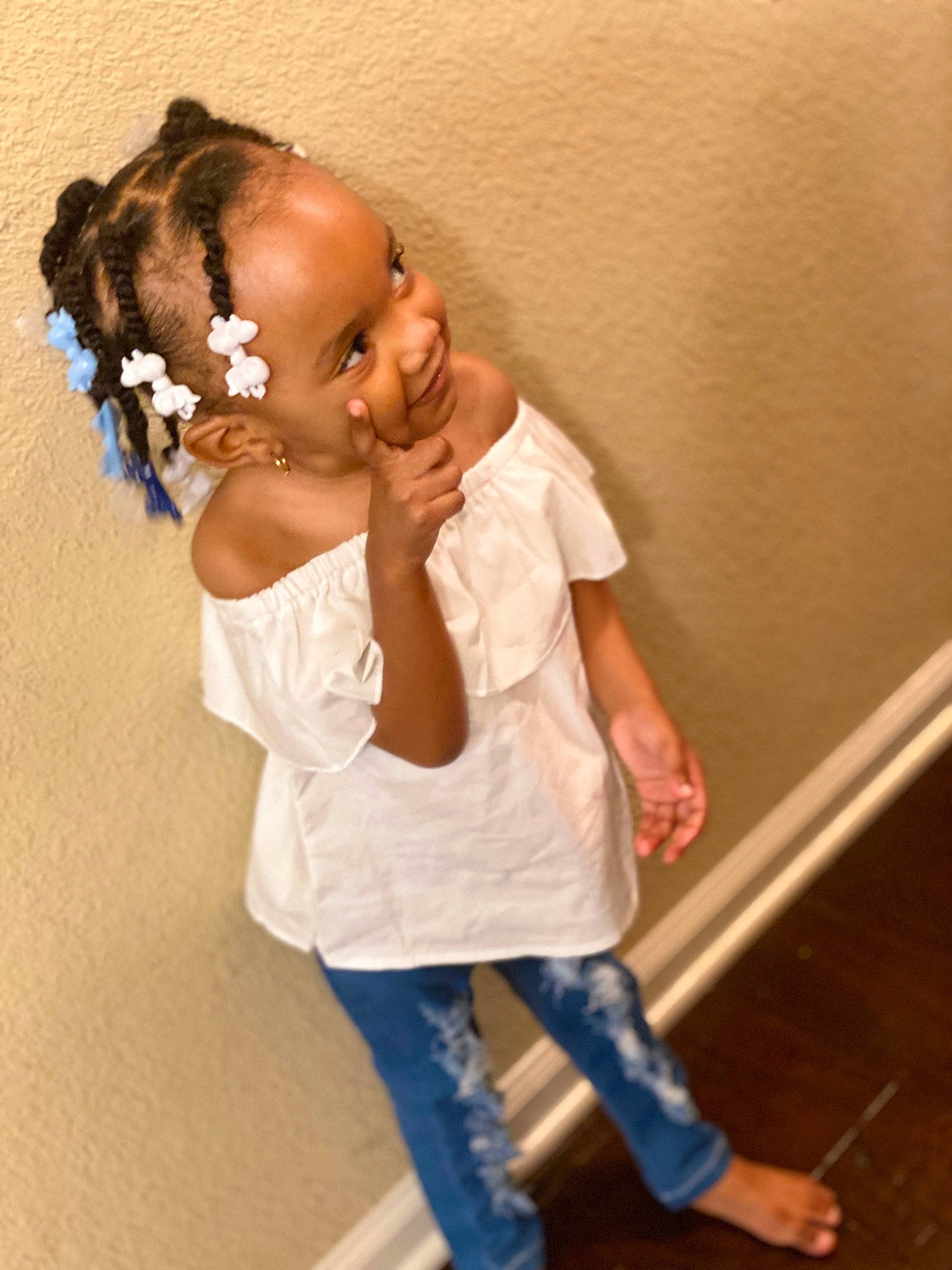 Giselle joined the competition — help win amazing prizes! baby, child, denim, ear, gesture, hair, hairstyle, jeans, joint, long_hair, neck, nose, person, photography, shoulder, skin, standing, toddler, top, white
