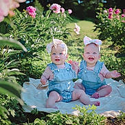 Quinn And Kenna is registered to the contest to win money with this photo: baby, babies, denim_overalls, headband, flower, garden, blanket, outdoor, greenery, plants, smiling, happy, cute, child, nature, sunlight, infant, pink_flowers, sitting, portrait