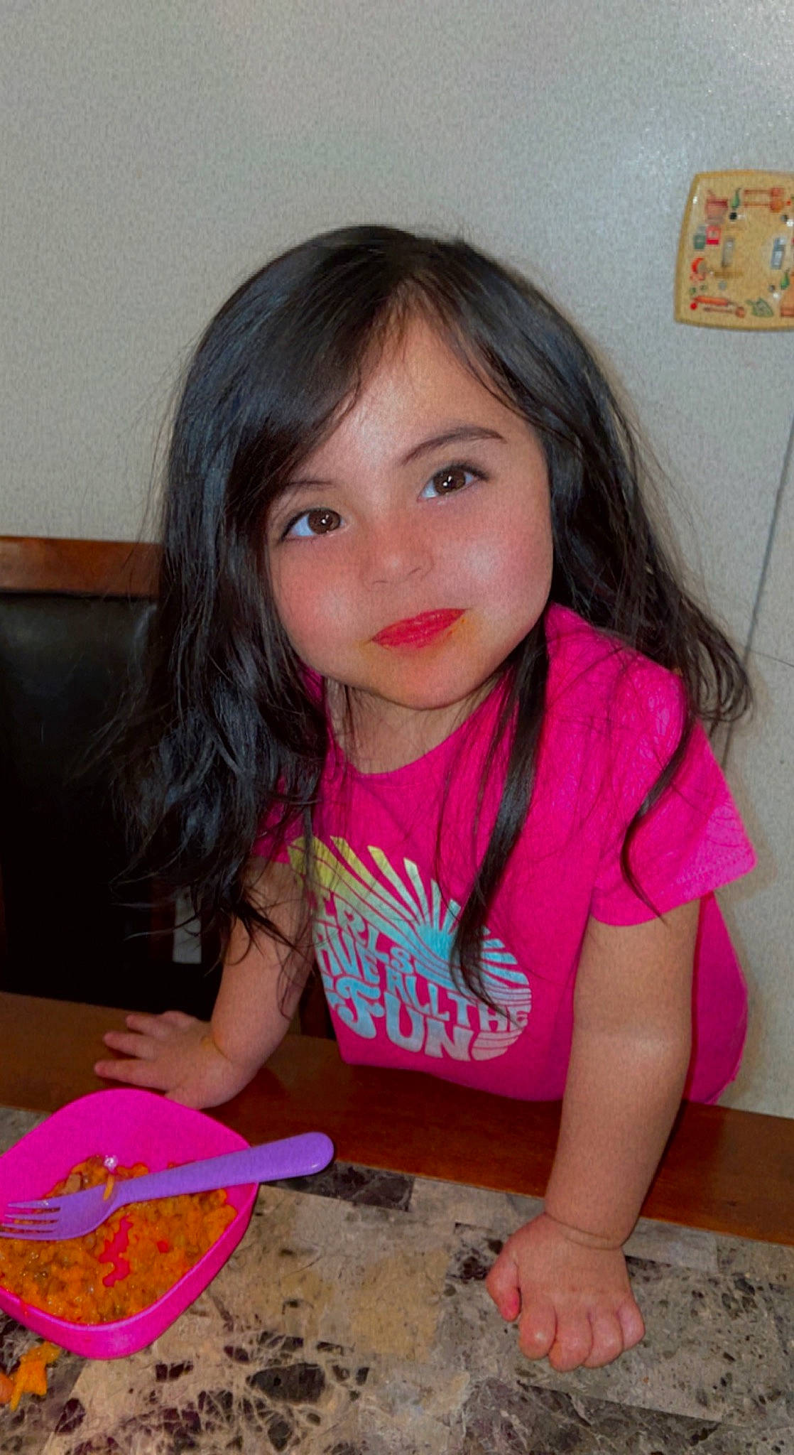 Daniela joined the competition — help win amazing prizes! bangs, beauty, black_hair, chair, child, eyelash, face, finger, food, hair, hairstyle, happy, joy, lip, long_hair, nose, person, pink, skin, smile