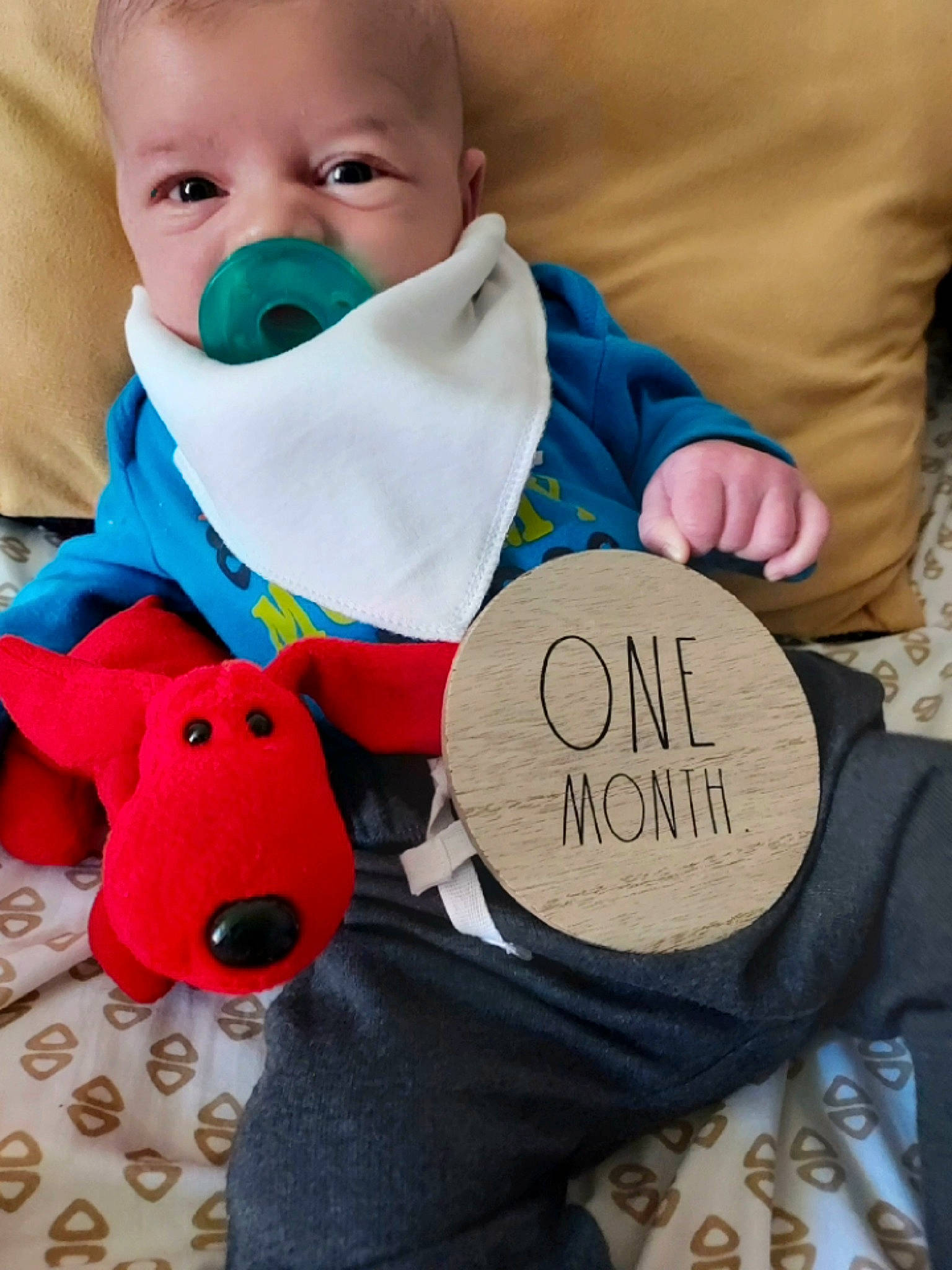 Dempsey is registered to the contest to win money with this photo: baby, baby_products, baby_toddler_clothing, beard, carmine, child, eye, facial_expression, happy, hat, linens, pattern, people, person, play, room, sitting, sleeve, textile, toddler