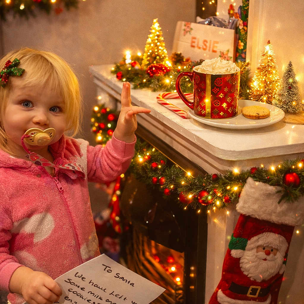 Elsie-Mae is registered to the contest to win money with this photo: candy_cane, child, christmas_lights, cookie, cozy, decorations, festive, fireplace, holiday, hot_cocoa, indoor, letter, pacifier, pink_onesie, santa_claus, smiling, stocking, toddler, whipped_cream, winter