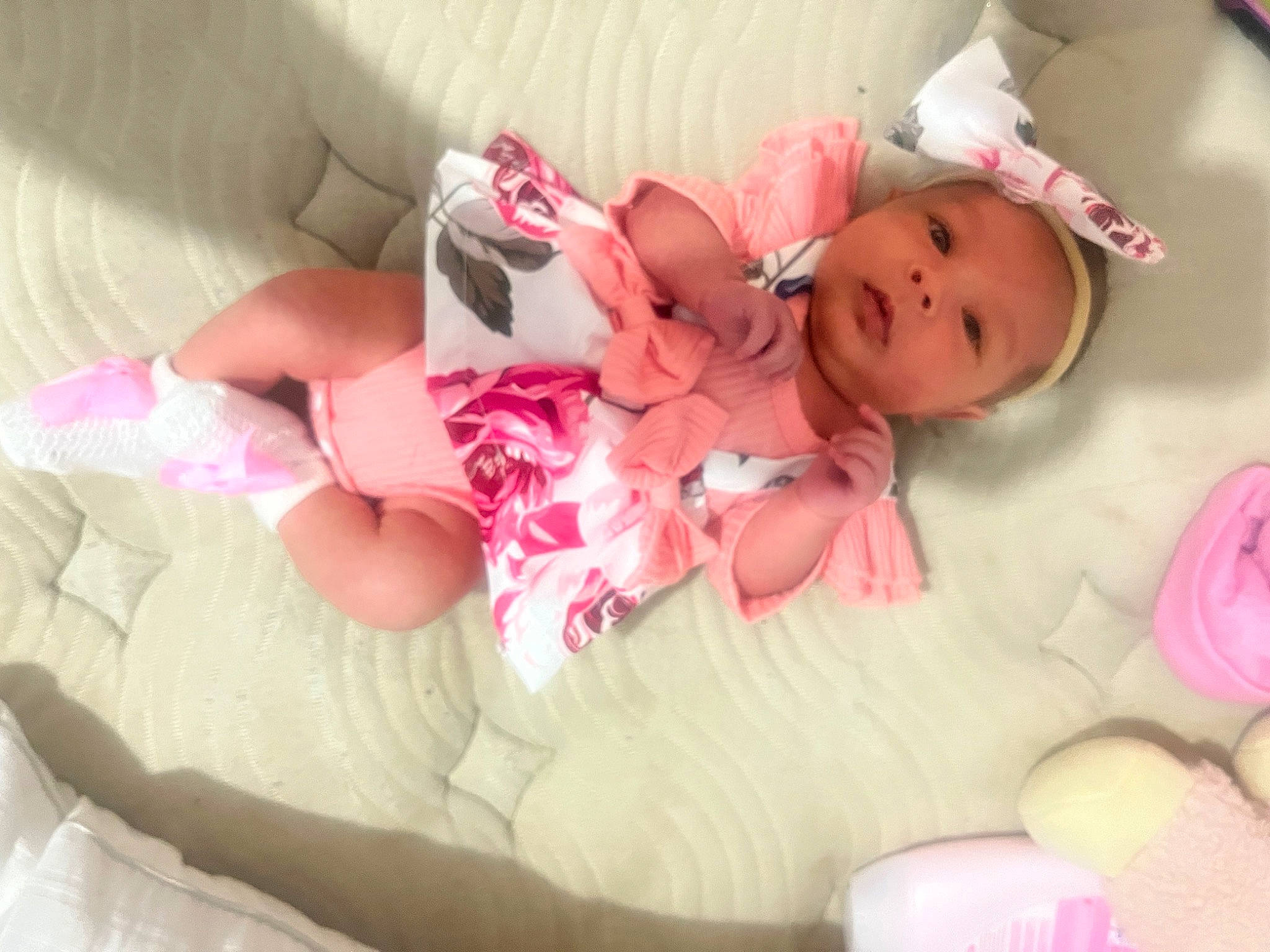 Alyse joined the competition — help win amazing prizes! baby, baby_products, baby_safety, baby_toddler_clothing, cheek, child, comfort, hat, linens, magenta, nail, pattern, person, pink, room, skin, sock, thigh, toddler