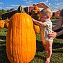 baby, barn, child, countryside, curious, daylight, fall, farm, foot, grass, hand, nature, orange, outdoor, person, pumpkin, sky, standing, sunlight, support