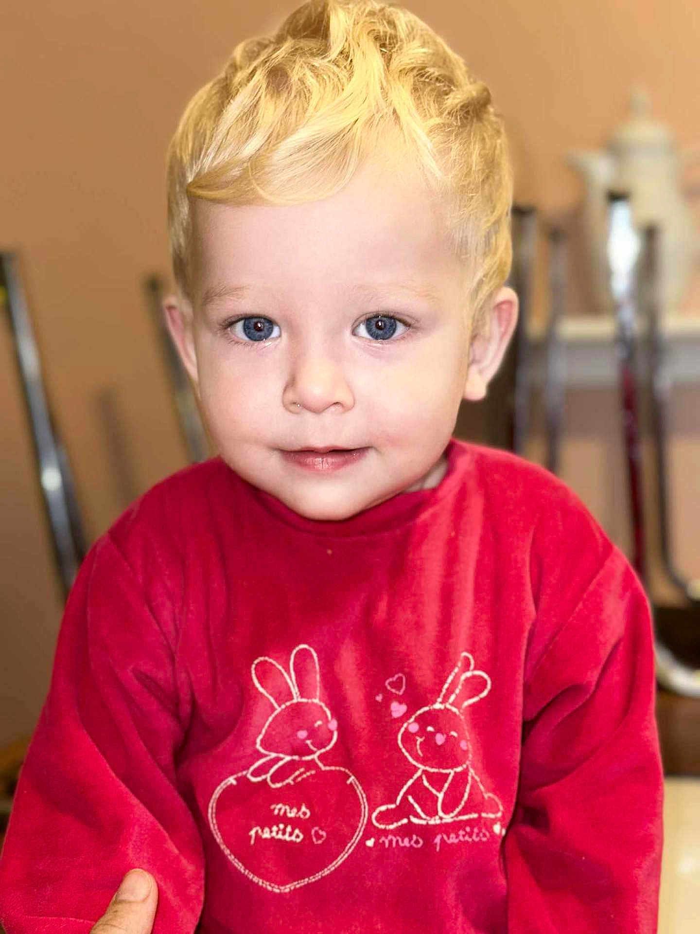 David Covaci a rejoint le concours — aidez-le/la à gagner de superbes lots ! child, toddler, blonde_hair, blue_eyes, red_sweatshirt, bunny_graphic, indoor, portrait, cute, smiling, face, person, young_child, blush, long_sleeve, casual_clothing, warm_lighting, seated, background_blur, cozy