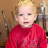 David a rejoint le concours — aidez-le/la à gagner de superbes lots ! toddler, child, blonde_hair, blue_eyes, red_sweater, cute, indoors, portrait, bunny_illustration, cozy, soft_lighting, young_child, smiling, face, person, casual_clothing, warm_colors, innocent, curious, closeup