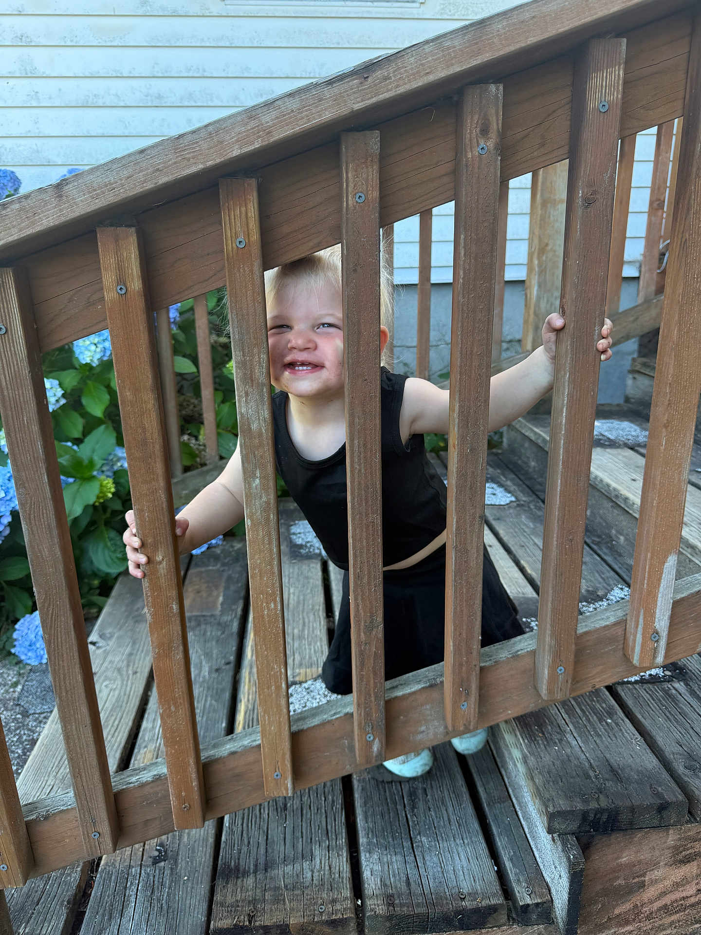 Brynnlee joined the competition — help win amazing prizes! toddler, child, wooden_railings, stairs, outdoor, plants, hydrangeas, smiling, black_clothing, wood, playful, person, nature, daylight, happy, portrait, garden, feet, hand, expression
