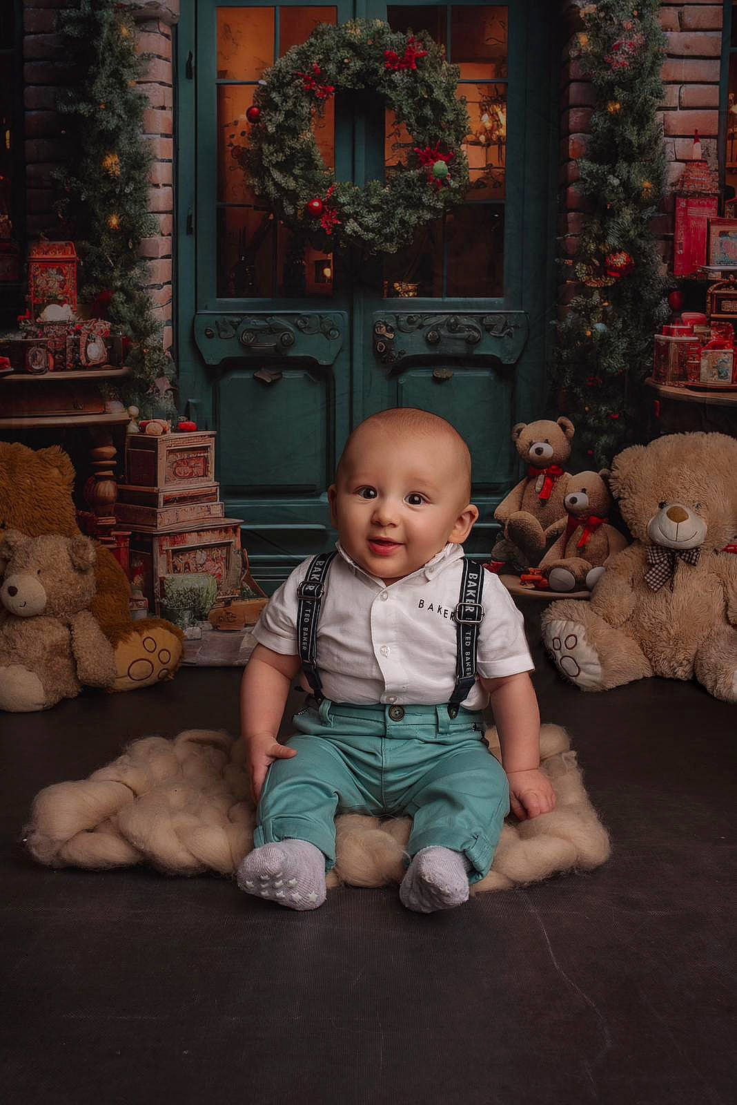 Joey joined the competition — help win amazing prizes! baby, baby_toddler_clothing, child, christmas_decoration, christmas_ornament, door, event, flooring, fun, grass, happy, holiday, ornament, person, plant, room, sitting, toddler, toy, tree