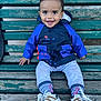 bench, blue, casual, child, clothing, cute, face, feet, happy, jacket, joyful, outdoor, pants, person, portrait, sitting, smiling, sneakers, toddler, young
