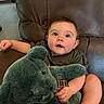 baby, chair, child, childhood, couch, cute, furniture, happy, home, indoor, infant, looking_up, person, plush_toy, portrait, seated, soft_toy, stuffed_animal, teddy_bear, young
