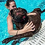 woman, dog, pool, water, swimming, chocolate_labrador, pet, animal, summer, fun, playful, wet, sidewalk, outdoor, happy, expression, holding, recreation, daylight, funny_face