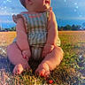 baby, child, infant, sitting, outdoor, field, grass, meadow, sunlight, portrait, profile, smiling, dress, striped_clothing, barefoot, sky, sparkles, digital_effects, heart, friday