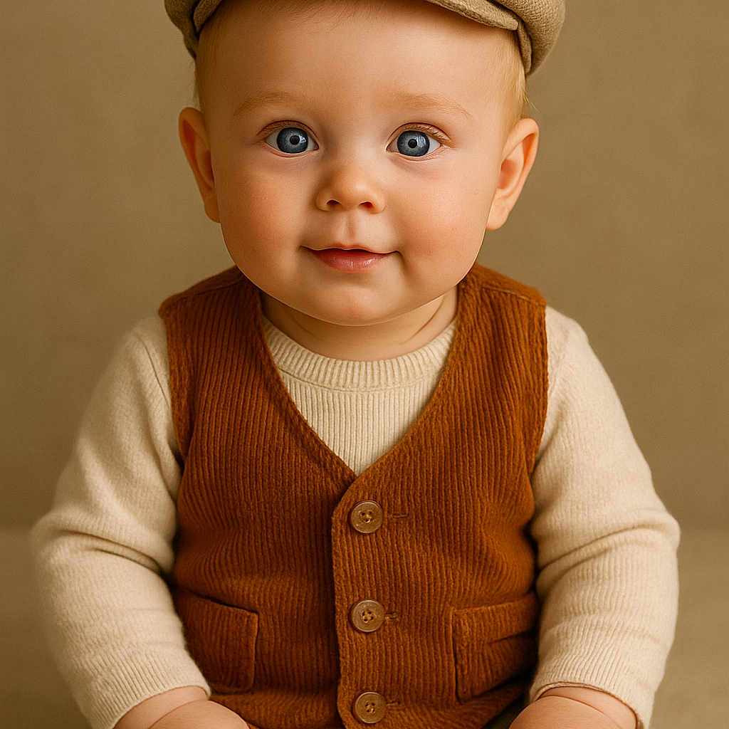 Levi a rejoint le concours — aidez-le/la à gagner de superbes lots ! baby, blue_eyes, cap, child, clothing, cute, expression, face, fashion, hands, headwear, innocent, neutral_background, portrait, seated, smile, studio, sweater, vest, warm_colors