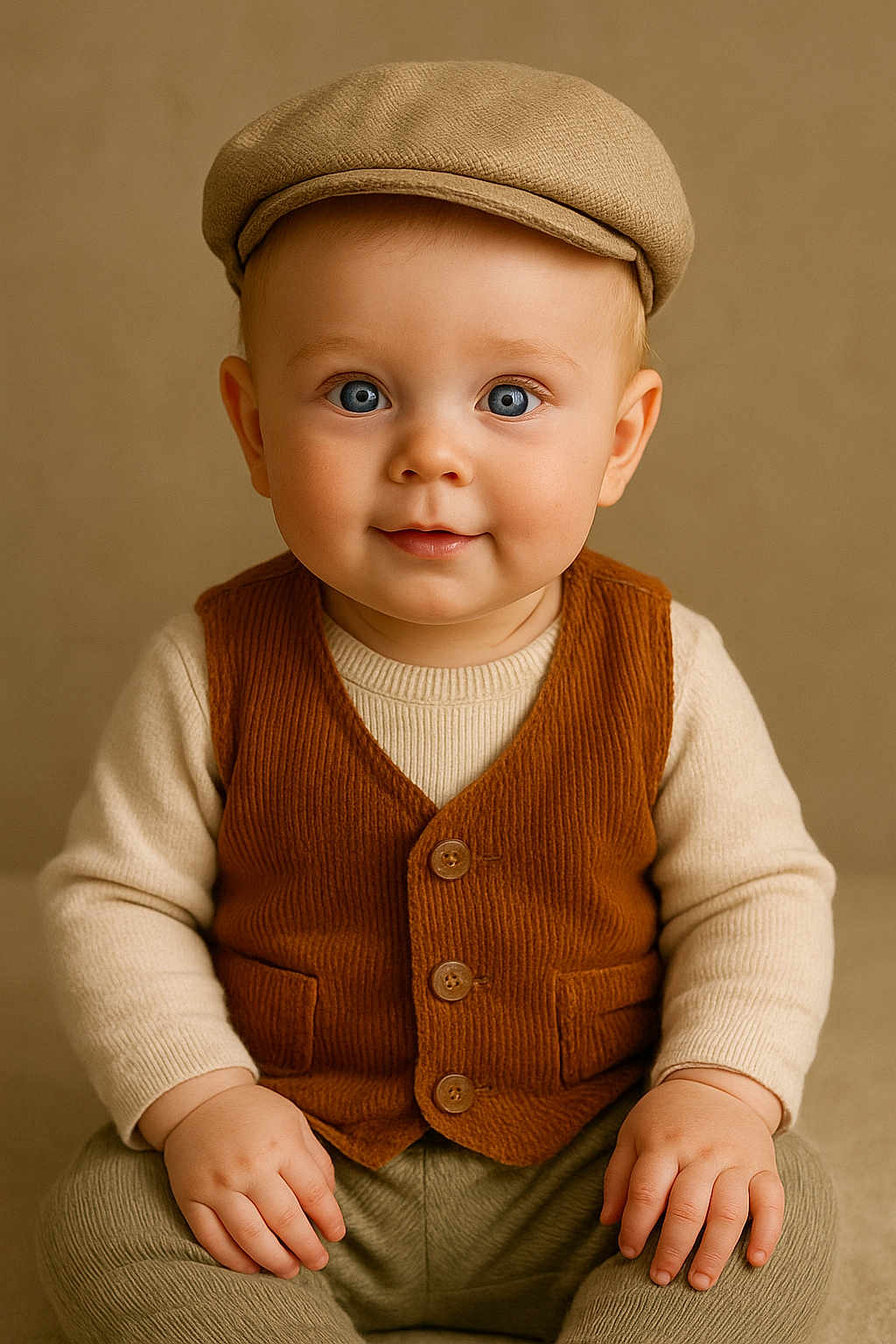 Levi a rejoint le concours — aidez-le/la à gagner de superbes lots ! baby, child, blue_eyes, cap, vest, sweater, hands, smile, portrait, cute, innocent, seated, neutral_background, warm_colors, clothing, face, headwear, fashion, expression, studio