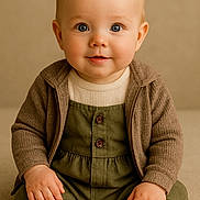 Levi participe au concours pour gagner de l'argent avec cette photo : baby, child, infant, portrait, smiling, sitting, blue_eyes, blonde_hair, cozy_clothing, knitwear, neutral_background, warm_lighting, cute, hands, face, eyes, soft_texture, buttoned_outfit, socks, young