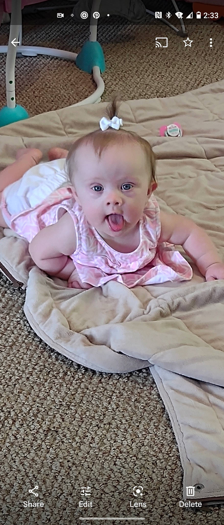 Bristol is registered to the contest to win money with this photo: baby, baby_products, baby_safety, baby_toddler_clothing, cheek, child, comfort, eye, face, fun, happy, head, iris, jewellery, linens, person, pink, sitting, skin, sleeve