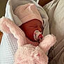 newborn, baby, pacifier, blanket, hat, stuffed_animal, pink, sleeping, cozy, soft, cute, child, infant, indoor, person, comfort, toy, rest, warm, bundle