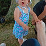 Livia participe au concours pour gagner de l'argent avec cette photo : child, toddler, hat, white_hat, floral_dress, outdoor, grass, tree, person, adult, knee, footwear, sneakers, summer, nature, expression, surprised, holding, casual, daylight