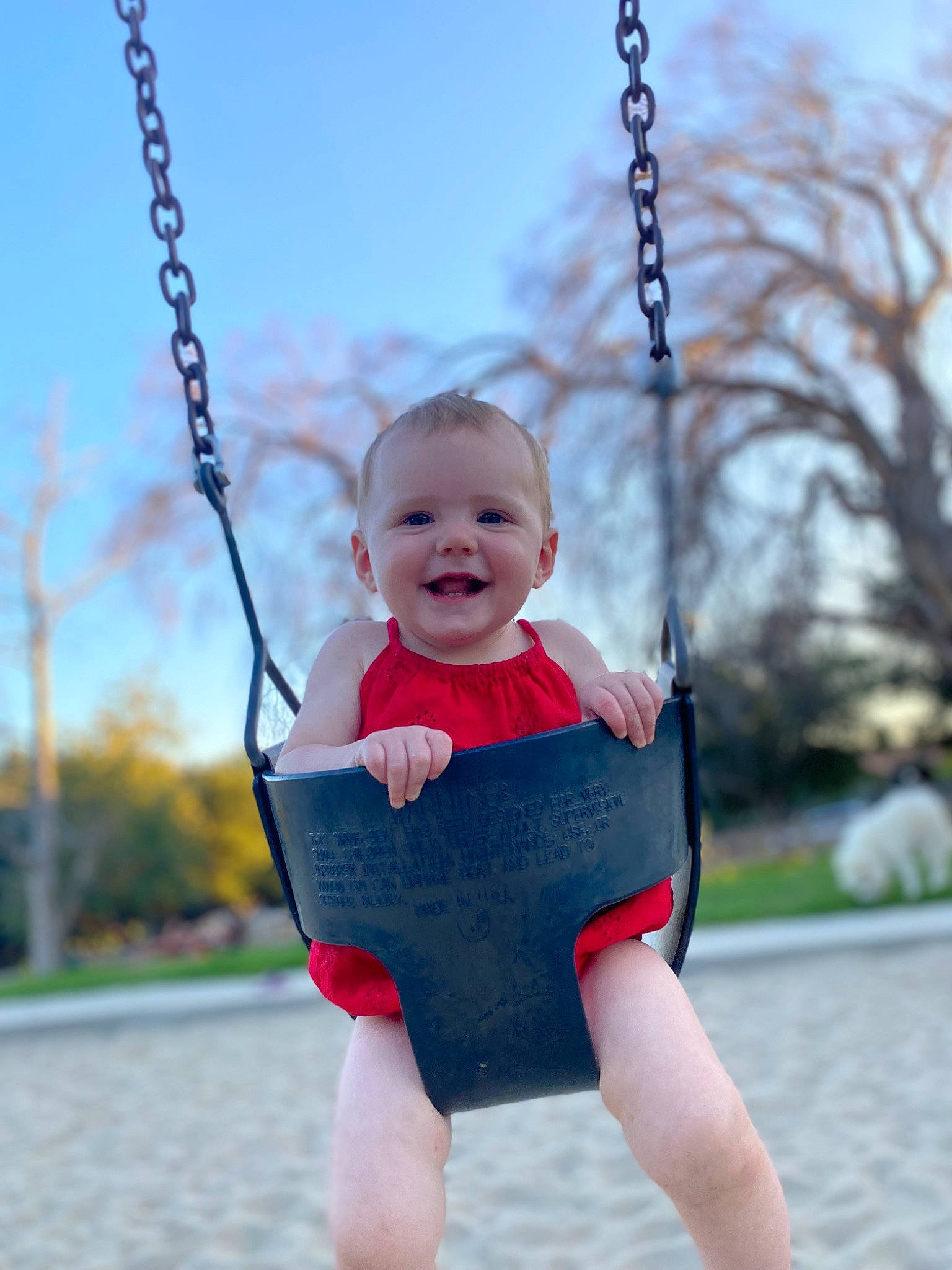 Piper joined the competition — help win amazing prizes! arm, baby, baby_toddler_clothing, black, fun, gesture, grass, hand, happy, head, human_body, joy, leisure, person, photograph, plant, playground, sky, smile, swing