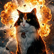 Clochette participe au concours pour gagner de l'argent avec cette photo : cat, calico_cat, explosion, fire, flames, smoke, night, dramatic, animal, fur, portrait, intense, action_scene, outdoor, sitting, collar, tag, dark_background, orange, black