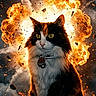 cat, calico_cat, explosion, fire, flames, smoke, night, dramatic, animal, fur, portrait, intense, action_scene, outdoor, sitting, collar, tag, dark_background, orange, black