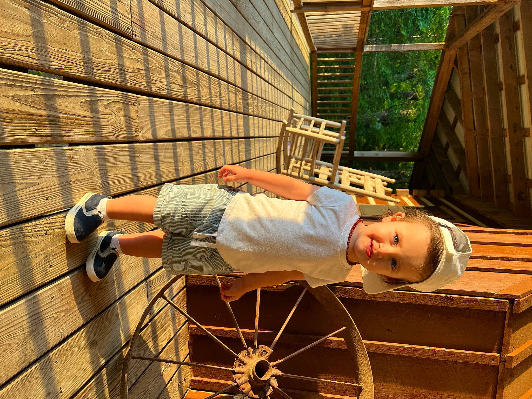 Rey is registered to the contest to win money with this photo: cart, child, curtain, fun, human_leg, joy, leisure, metal, person, plant, sitting, tire, toddler, tree, wheel, wood