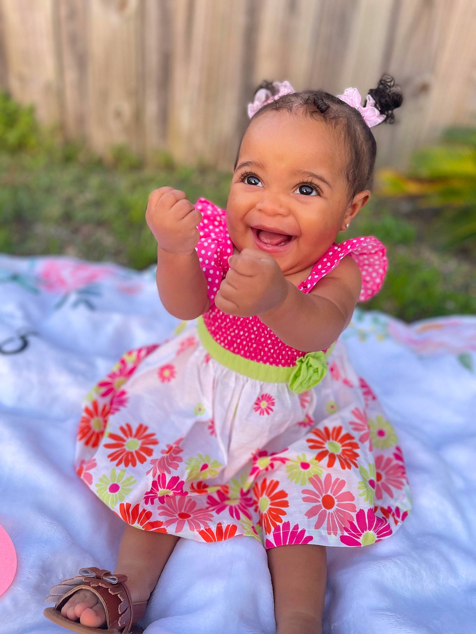 Rio joined the competition — help win amazing prizes! baby, baby_toddler_clothing, dress, face, fun, grass, hair, hairstyle, happy, head, iris, joy, leisure, magenta, person, pink, plant, recreation, skin, smile