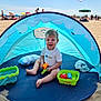 toddler, beach, tent, toy, sand, sunny, smile, child, play, bucket, hat, umbrella, outdoor, summer, vacation, happy, family, recreation, water, relaxation