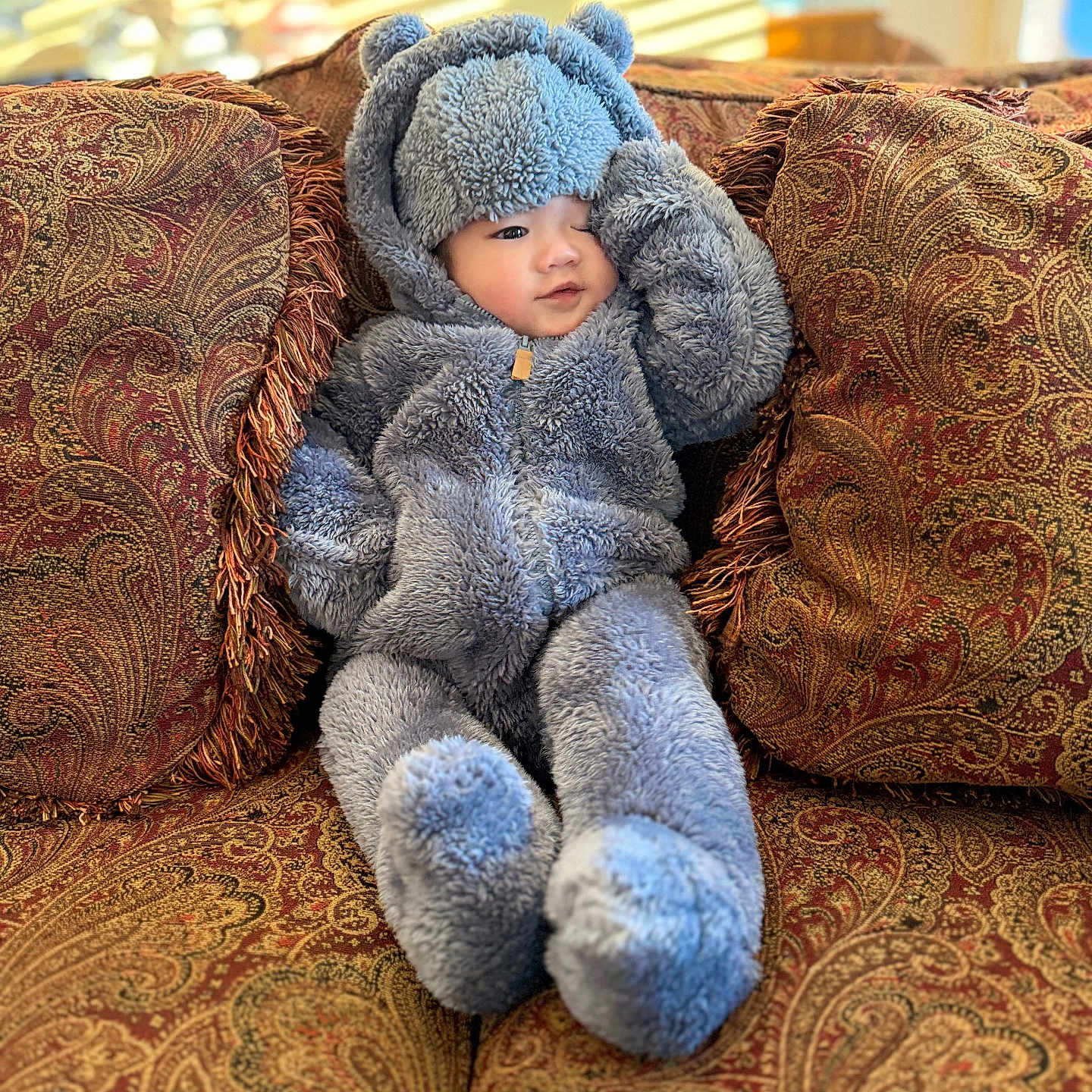 Zeke is registered to the contest to win money with this photo: baby, child, couch, cozy, decorative_pillow, fuzzy_onesie, hand, hood, indoor, infant, legs, living_room, paisley_pattern, plush, portrait, smile, sofa, soft_texture, sunlight, teddy_bear_suit