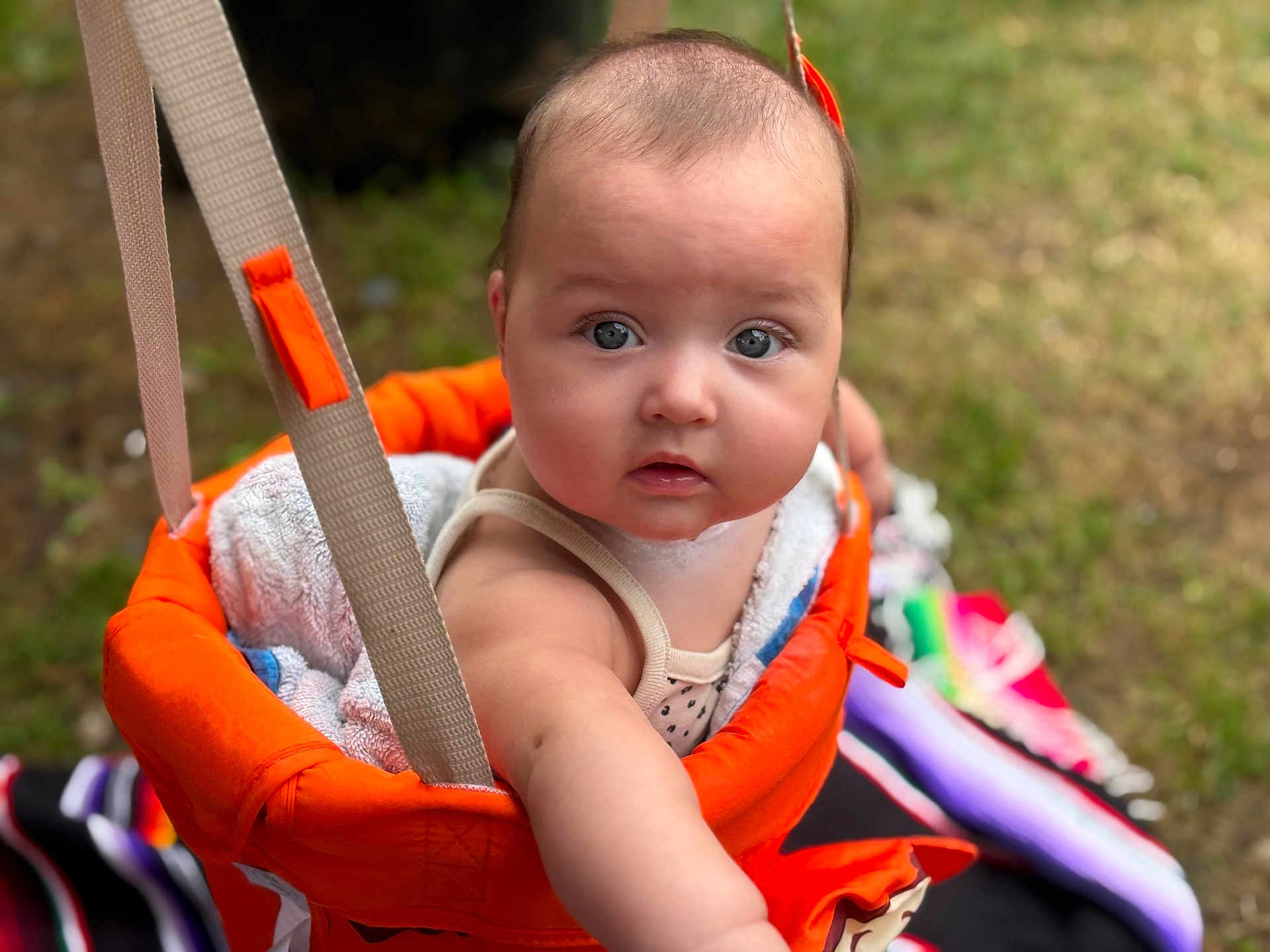 Sofia is registered to the contest to win money with this photo: baby, child, swing, orange, towel, outdoor, grass, blanket, blue_eyes, curious, infant, person, summer, play, seat, closeup, skin, cute, expression, young
