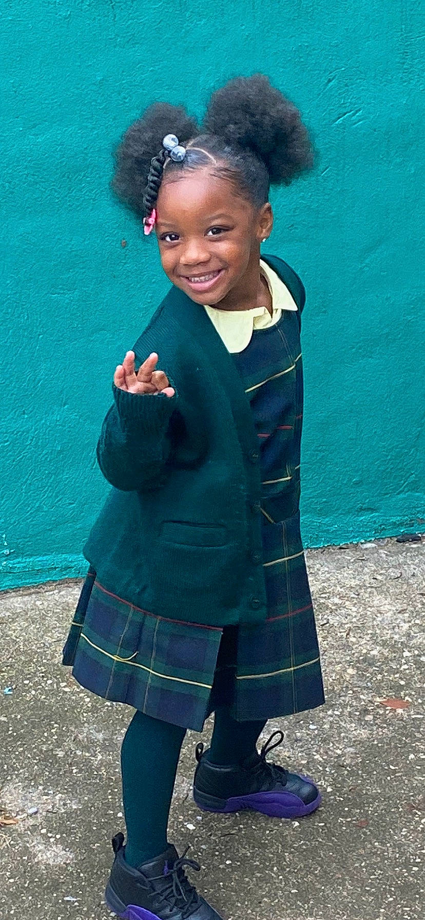 Kehlani joined the competition — help win amazing prizes! aqua, blue, child, cornrows, costume, earrings, electric_blue, gesture, happy, jewellery, joy, pattern, person, plaid, school_uniform, sleeve, smile, snapshot, standing, tartan