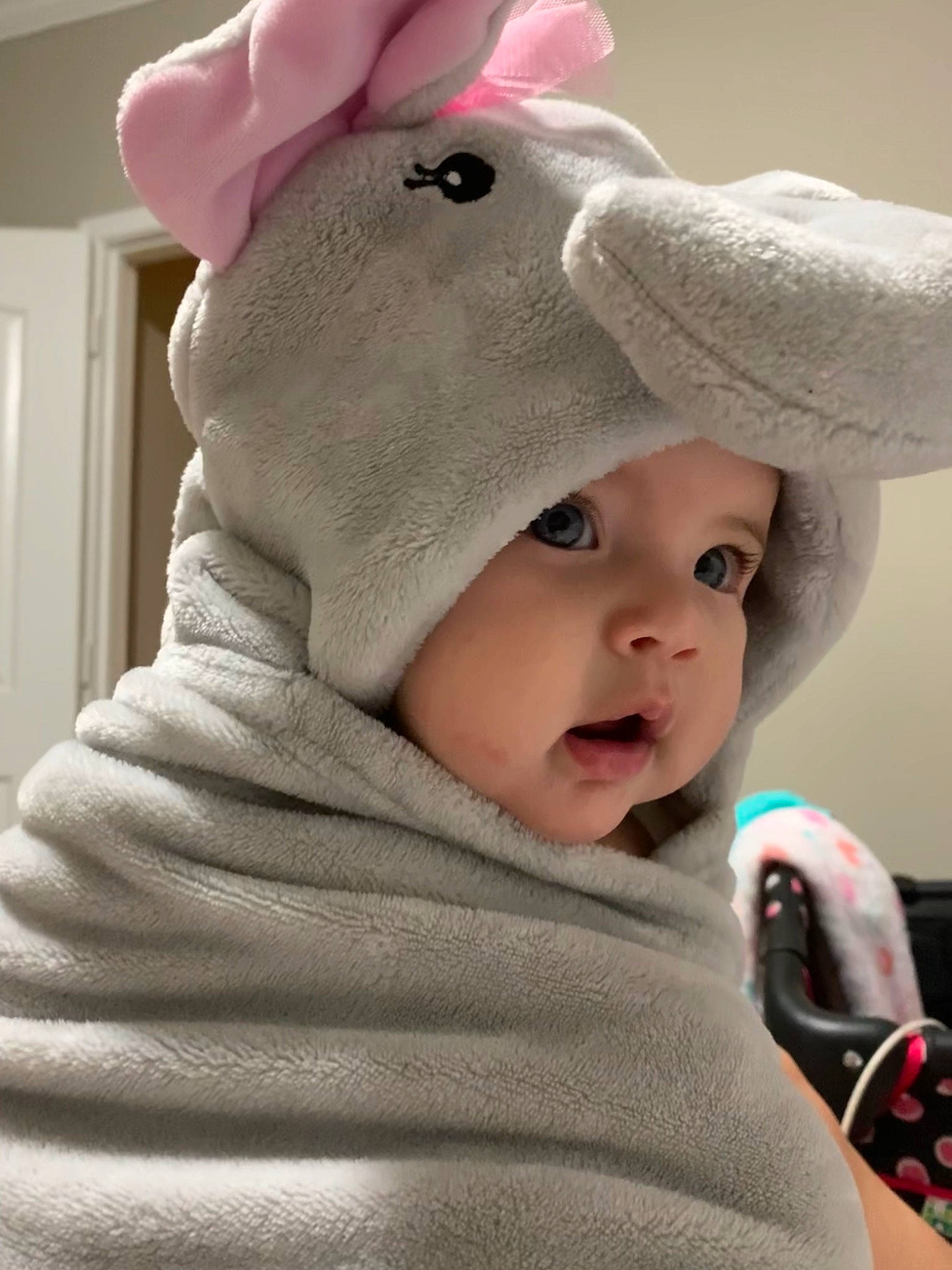 Victoria is registered to the contest to win money with this photo: baby, beanie, bonnet, cap, child, costume_accessory, ear, hat, headgear, knit_cap, person, pink, toddler