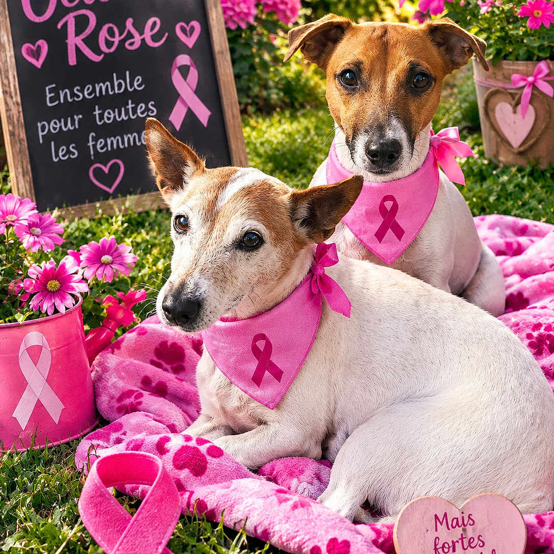 Iron Et Albus participe au concours pour gagner de l'argent avec cette photo : dogs, two_dogs, pet, canine, pink, pink_ribbon, cancer_awareness, bandana, garden, flowers, outdoor, grass, blanket, heart, sign, chalkboard, portrait, sitting, lying_down, support