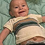 Reece is registered to the contest to win money with this photo: arm, baby, child, cute, diaper, face, green_background, happy, indoor, infant, lying_down, mouth_open, person, portrait, quilt, skin, smile, striped_clothing, tshirt, young
