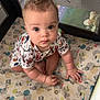Joey joined the competition — help win amazing prizes! baby, child, playpen, toy, colorful, animal_print, curious, sitting, indoors, cute, chubby_cheeks, onesie, patterned_mat, soft_toys, face, hands, foot, looking_up, infant, young_child