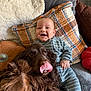 baby, dog, couch, pillow, smile, pet, cozy, indoor, striped_clothing, fur, happy, relaxing, cute, tongue_out, plush, infant, home, comfort, friendship, playful