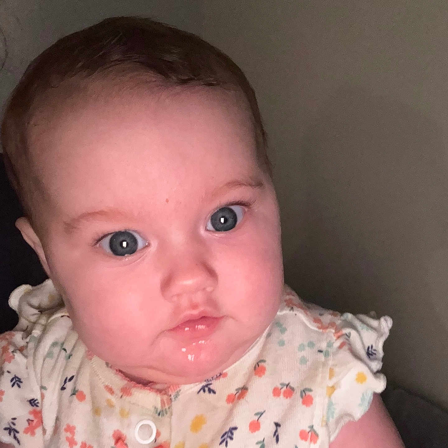 Adalaide is registered to the contest to win money with this photo: baby, child, face, blue_eyes, drool, curious, floral_outfit, infant, portrait, cute, skin, head, person, young_child, clothing, indoors, expression, closeup, pink_cheeks, baby_girl