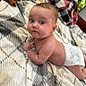 baby, infant, diaper, blanket, plaid, bed, face, blue_eyes, skin, cute, child, tummy_time, expression, indoor, person, young, newborn, soft, resting, curious
