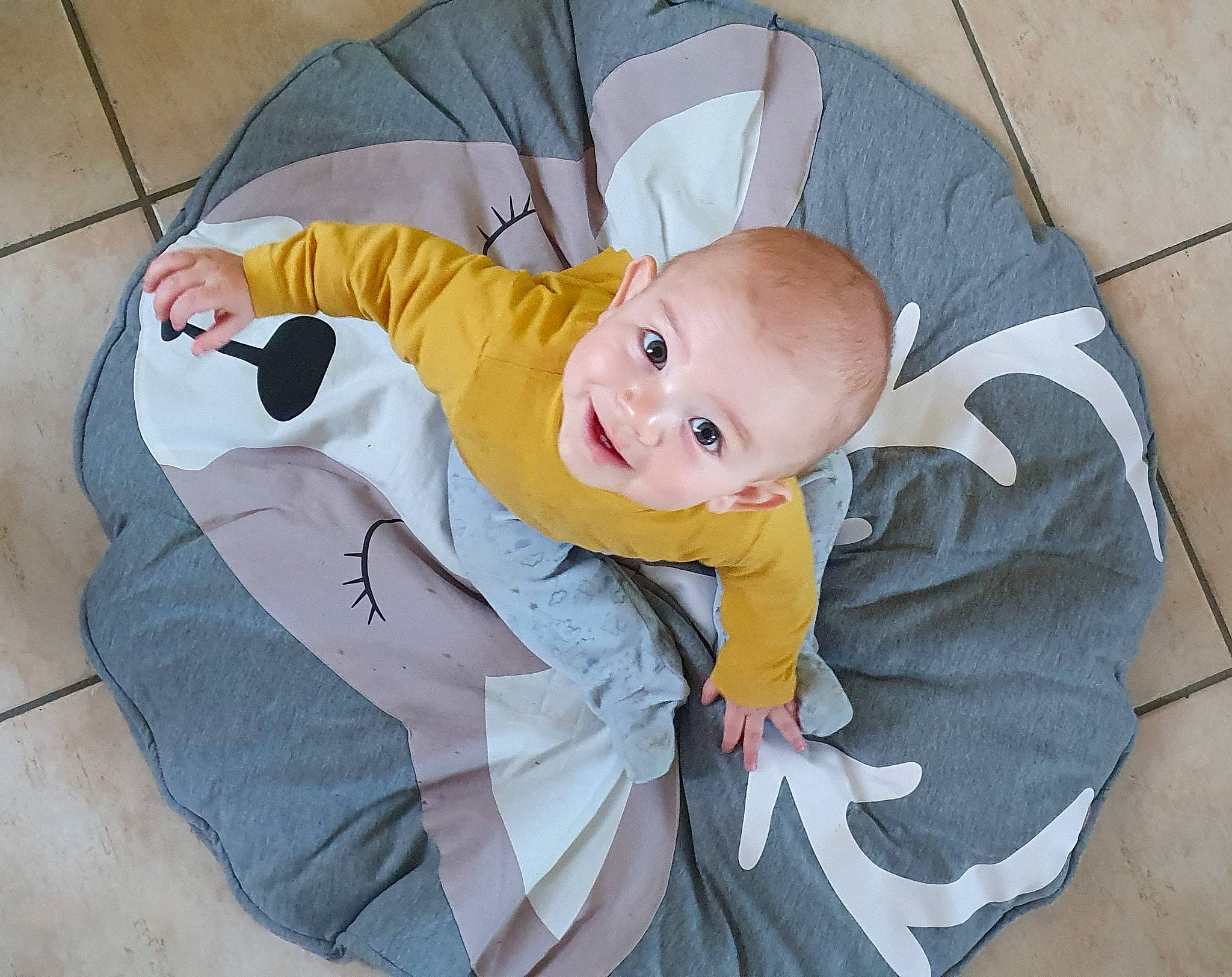 Julien participe au concours pour gagner de l'argent avec cette photo : baby, baby_products, baby_toddler_clothing, child, comfort, grass, happy, lap, linens, person, sitting, sleeve, smile, toddler, tree, wood